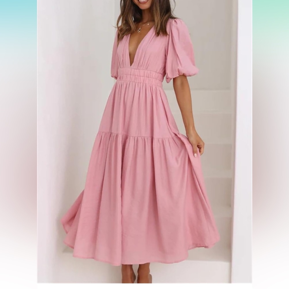 HOULENGS Women's Deep V Neck Puff Short Sleeve Tiered Dress